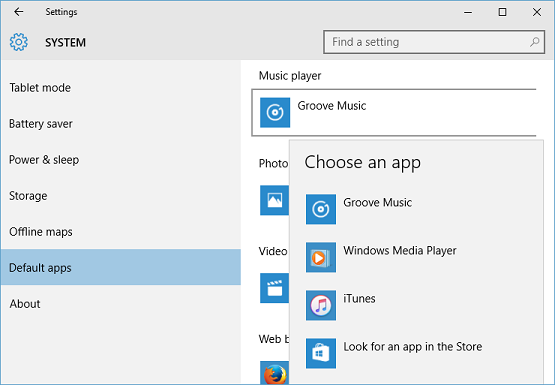 change default music player windows 10
