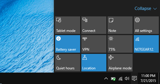 quick actions windows 10